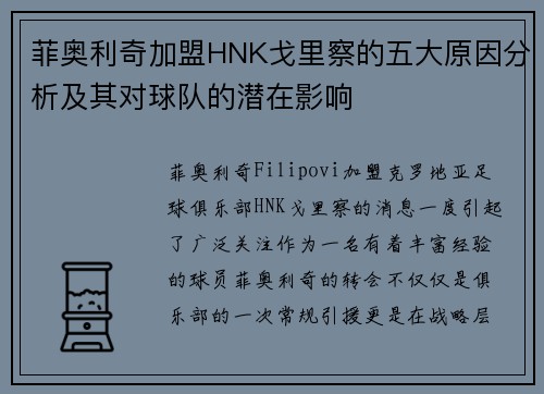 菲奥利奇加盟HNK戈里察的五大原因分析及其对球队的潜在影响 菲奥利奇加盟HNK戈里察的五大原因分析及其对球队的潜在影响