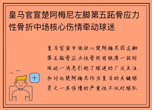 皇马官宣楚阿梅尼左脚第五跖骨应力性骨折中场核心伤情牵动球迷 皇马官宣楚阿梅尼左脚第五跖骨应力性骨折中场核心伤情牵动球迷
